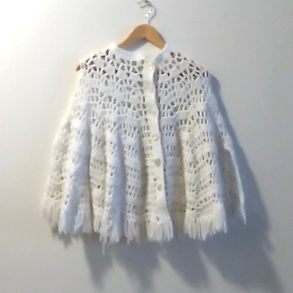 White OS Hand Knitted Button Down Slit Sleeve Poncho Style Sweater
